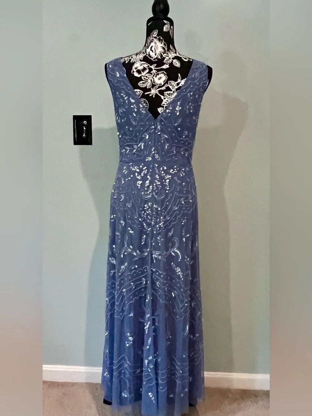 Adrianna Papell Dusty Blue V-Neck Embellished Maxi Dress - WORN ONCE- PERFECT